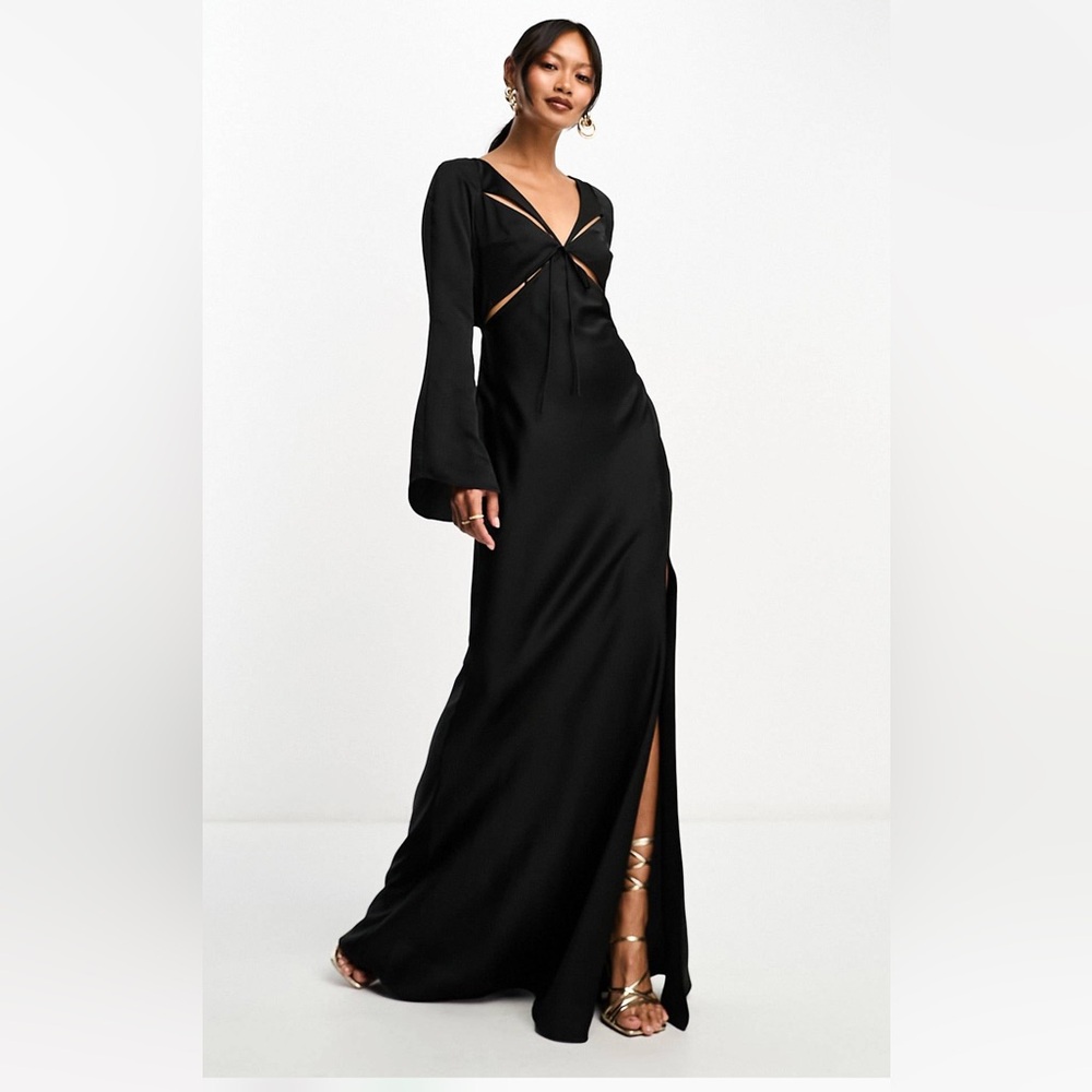 ASOS design satin flare sleeve cut out maxi dress in black